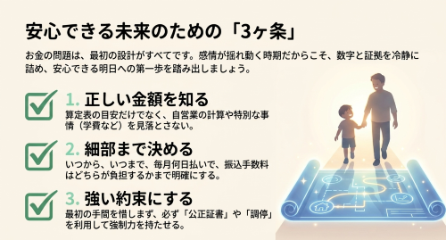 養育費・婚姻費用の正しい金額・細部まで決める・強い約束の3ヶ条まとめ