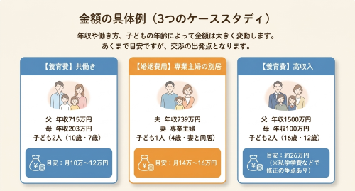 養育費・婚姻費用の具体的な金額目安・共働き・専業主婦・高収入のケーススタディ